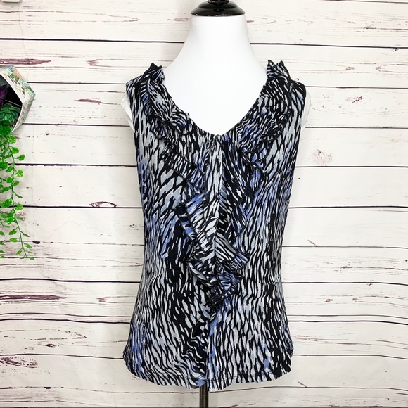 212 Collection Blue & Black Sleeveless Ruffled Blouse Top Size Small - Picture 2 of 7